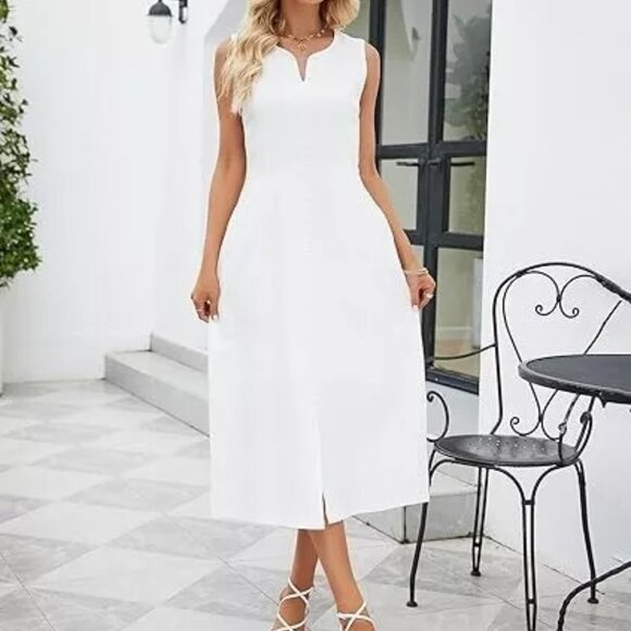 Ladyful Women's V Neck Solid Color Sleeveless Cotton Linen Dress M - Picture 7 of 9